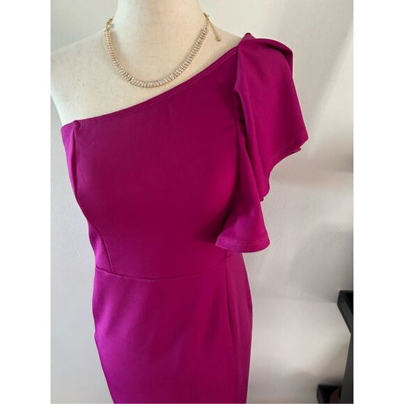Fuchsia color Women's Off The Shoulder Split Ruffle Hem Bodycon Midi Dress - Picture 3 of 6